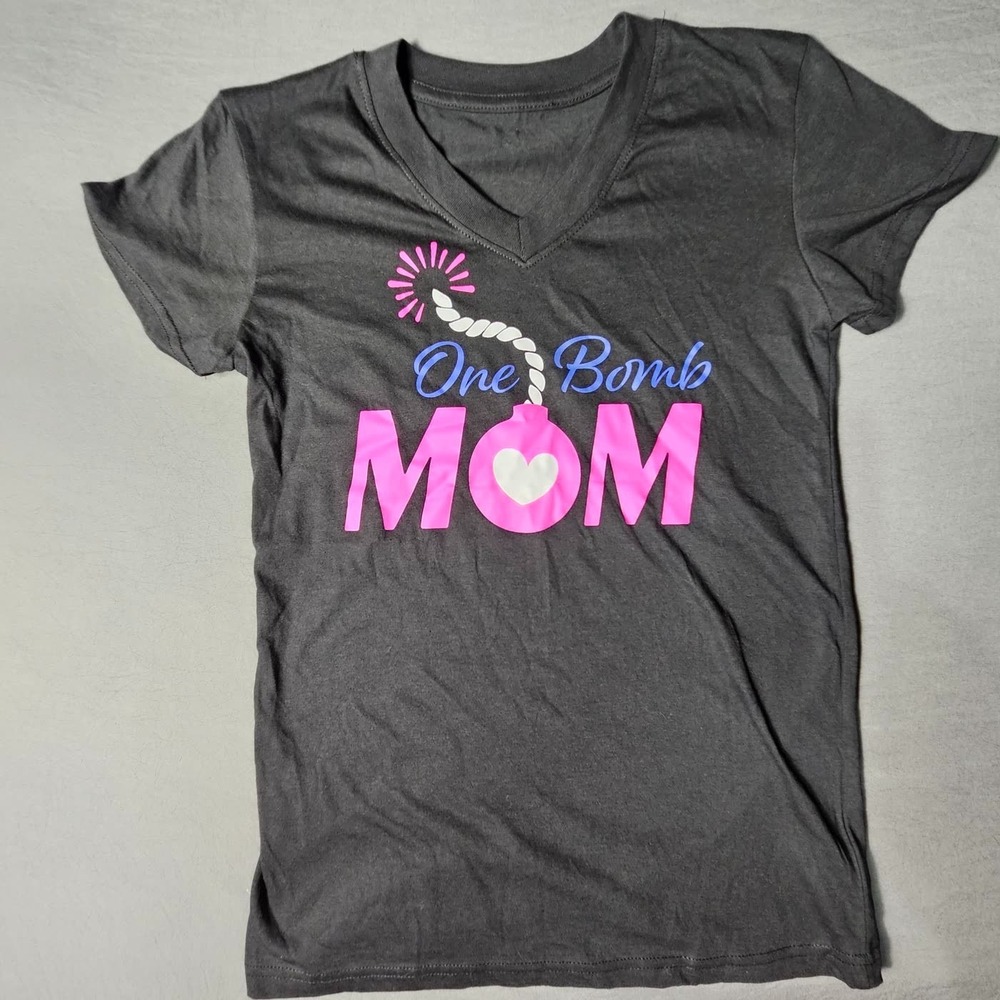 One Bomb Mom V-Neck T-Shirt Womens Small Black Pink Graphic Tee Mom Gift